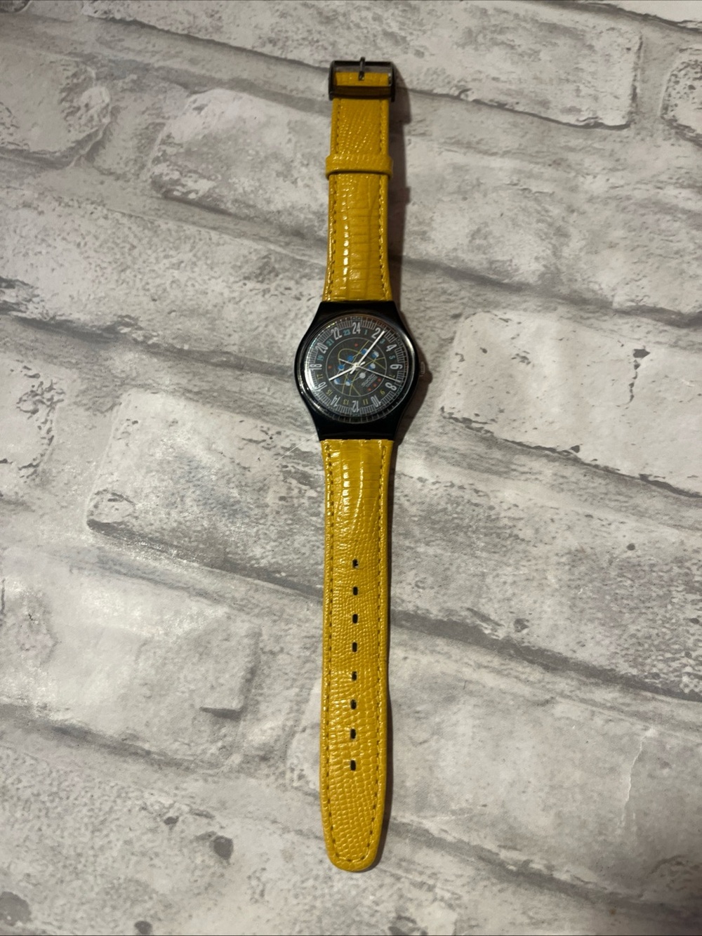 Vintage Swatch Yellow Strap Wristwatch with Black Case 24 hour clock